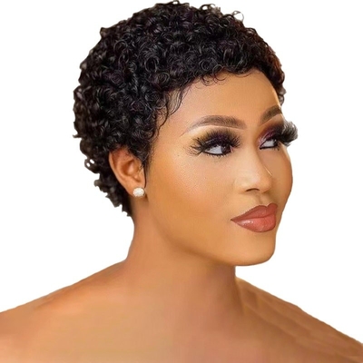 250% Dichtheid Pixie Cut krullend menselijk haar pruik met basismateriaal van Zwitserse kant