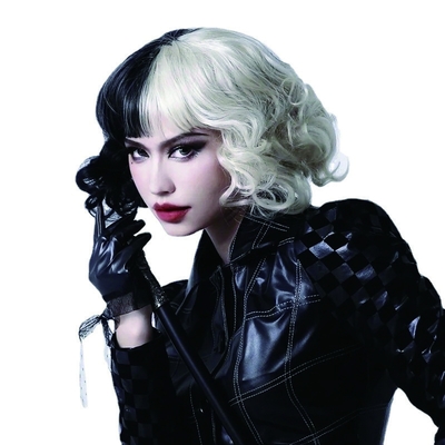 Korte Bouncy Curly Bang Hair Wig Wit en Zwart Cruella Cosplay Hittebestendige vezels