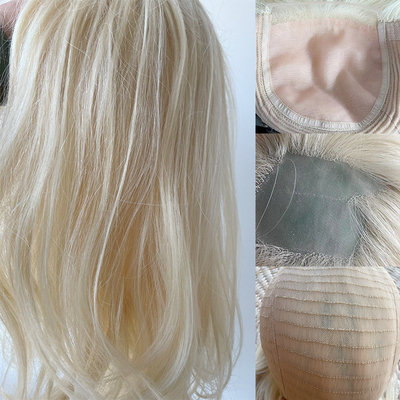 6x6 Handgebonden Topper Free Part Silk Top Base Platinum Blonde Clip in Toupee voor Custom Made