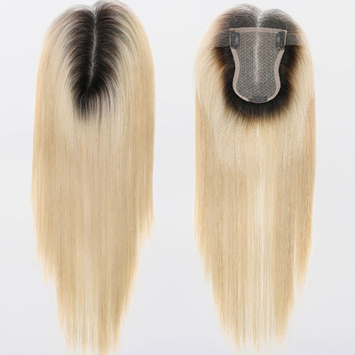 Zilk Basis Europese Ash Blonde Straight Clip On Human Hair Topper met HD kant voor vrouwen