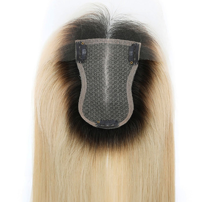 Zilk Basis Europese Ash Blonde Straight Clip On Human Hair Topper met HD kant voor vrouwen