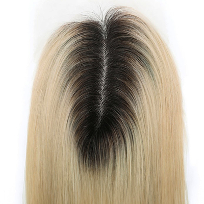 Zilk Basis Europese Ash Blonde Straight Clip On Human Hair Topper met HD kant voor vrouwen