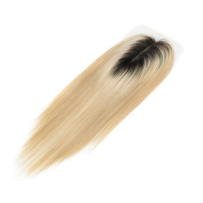 Zilk Basis Europese Ash Blonde Straight Clip On Human Hair Topper met HD kant voor vrouwen