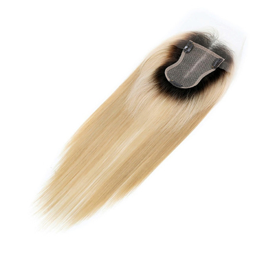 Zilk Basis Europese Ash Blonde Straight Clip On Human Hair Topper met HD kant voor vrouwen