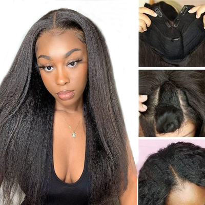 Peruk Lengte Lange V-deel Kleefloos Afro Kinky Recht menselijk haar Peruk 250% Dichtheid