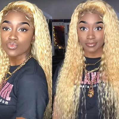 Haarkwaliteit Remy haar Italiaans lang krullend doorzichtig kantje voorkant 613 Blond menselijk haar pruiken