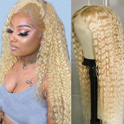 Haarkwaliteit Remy haar Italiaans lang krullend doorzichtig kantje voorkant 613 Blond menselijk haar pruiken