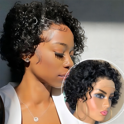 8 inch menselijk haar pruiken 360 kant voor Pixie krullen pruik voor zacht en glanzend haar