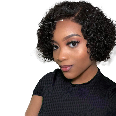 Top Mensenhaar Braziliaanse Pixie Cut Krullend Full HD Speld Kleverloos Zijdeling Peruk voor vrouwen