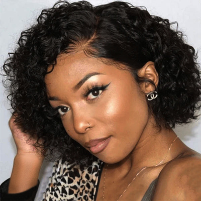 Top Mensenhaar Braziliaanse Pixie Cut Krullend Full HD Speld Kleverloos Zijdeling Peruk voor vrouwen